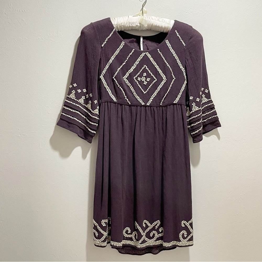 FREE PEOPLE Women’s Purple Heavily Embellished Open Back Dress Bell Sleeves XS